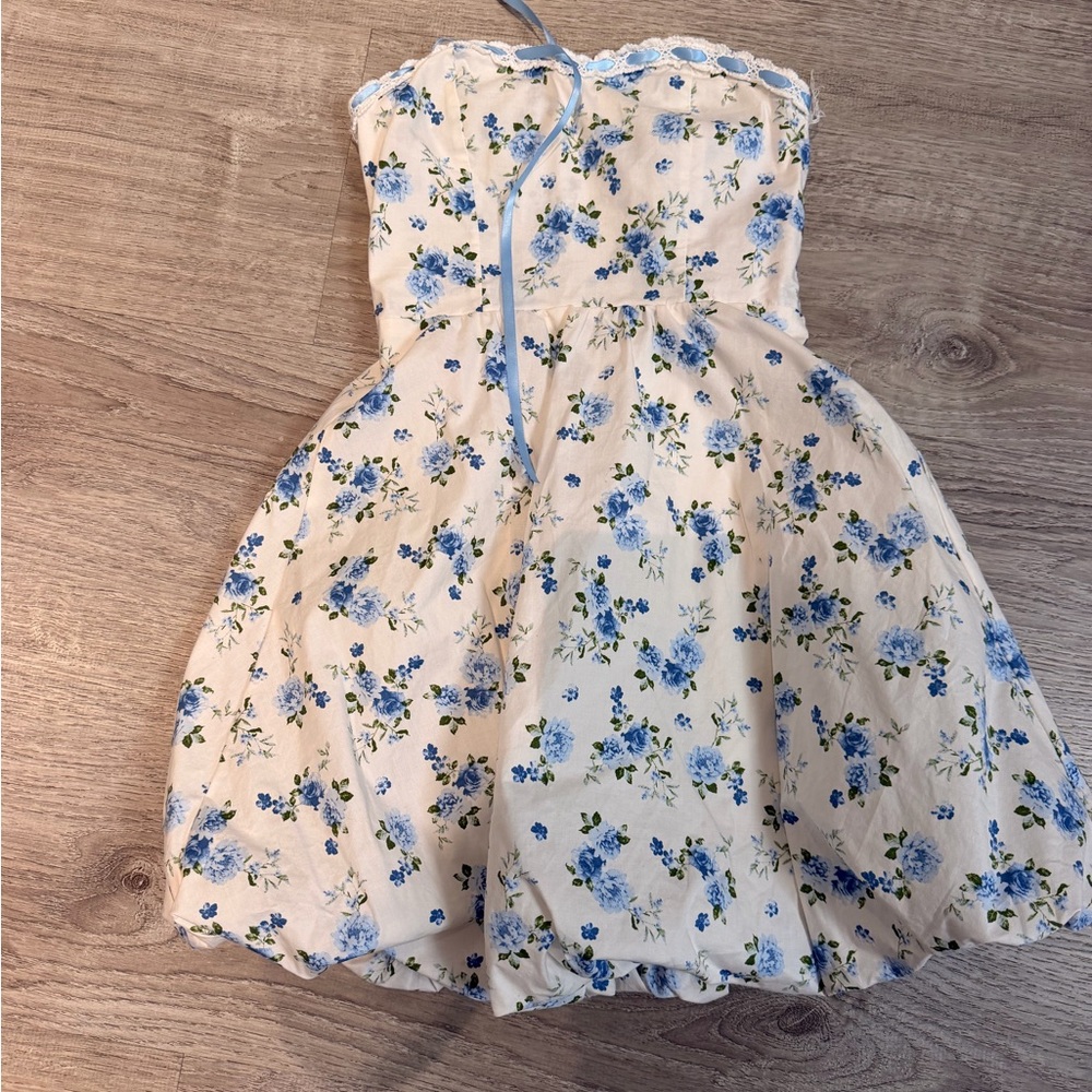 Altar’d state Floral Strapless Dress with Blue Rose Print